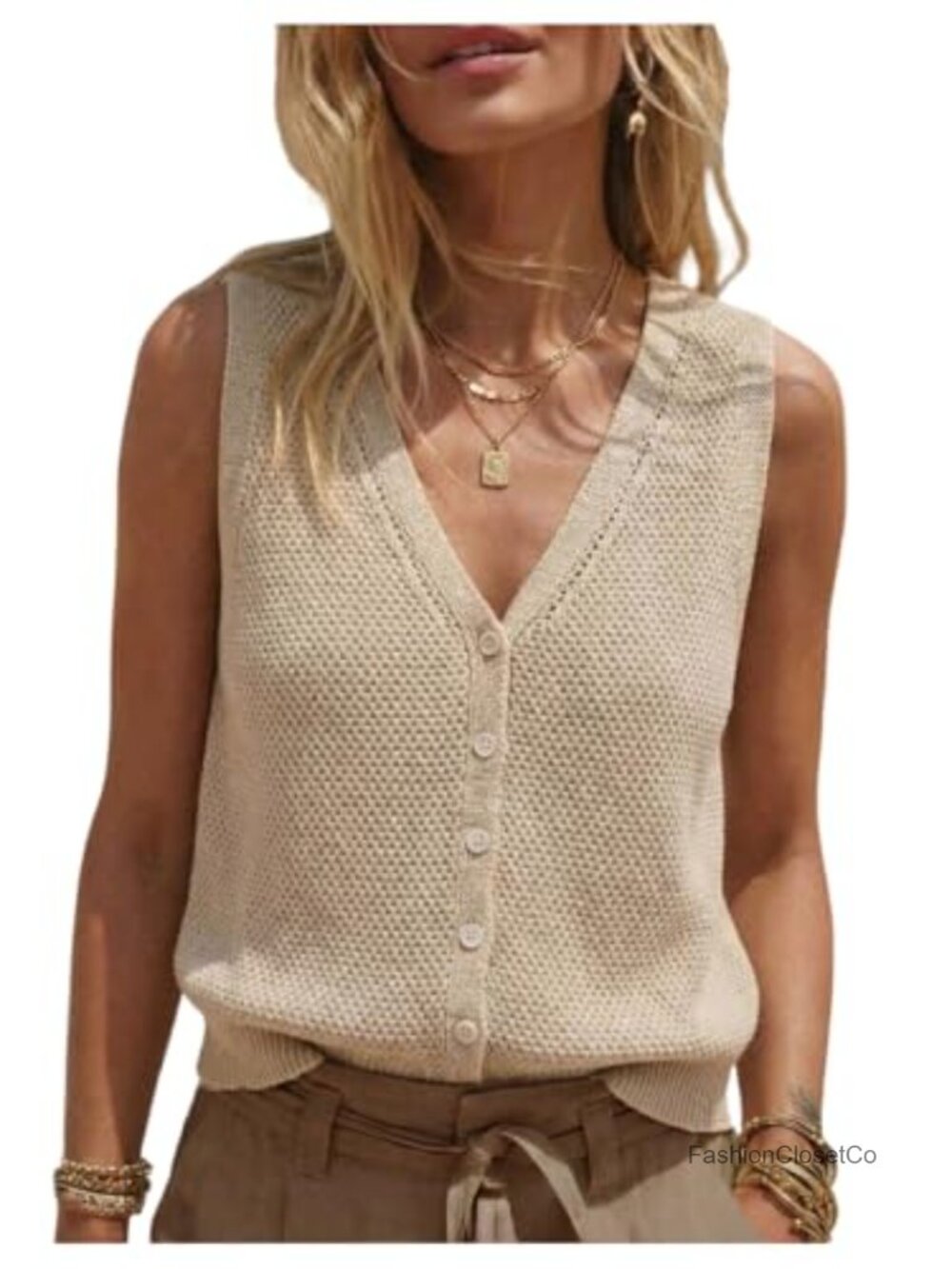 Crochet Button Down Sleeveless V-Neck Knit Sweater Vest